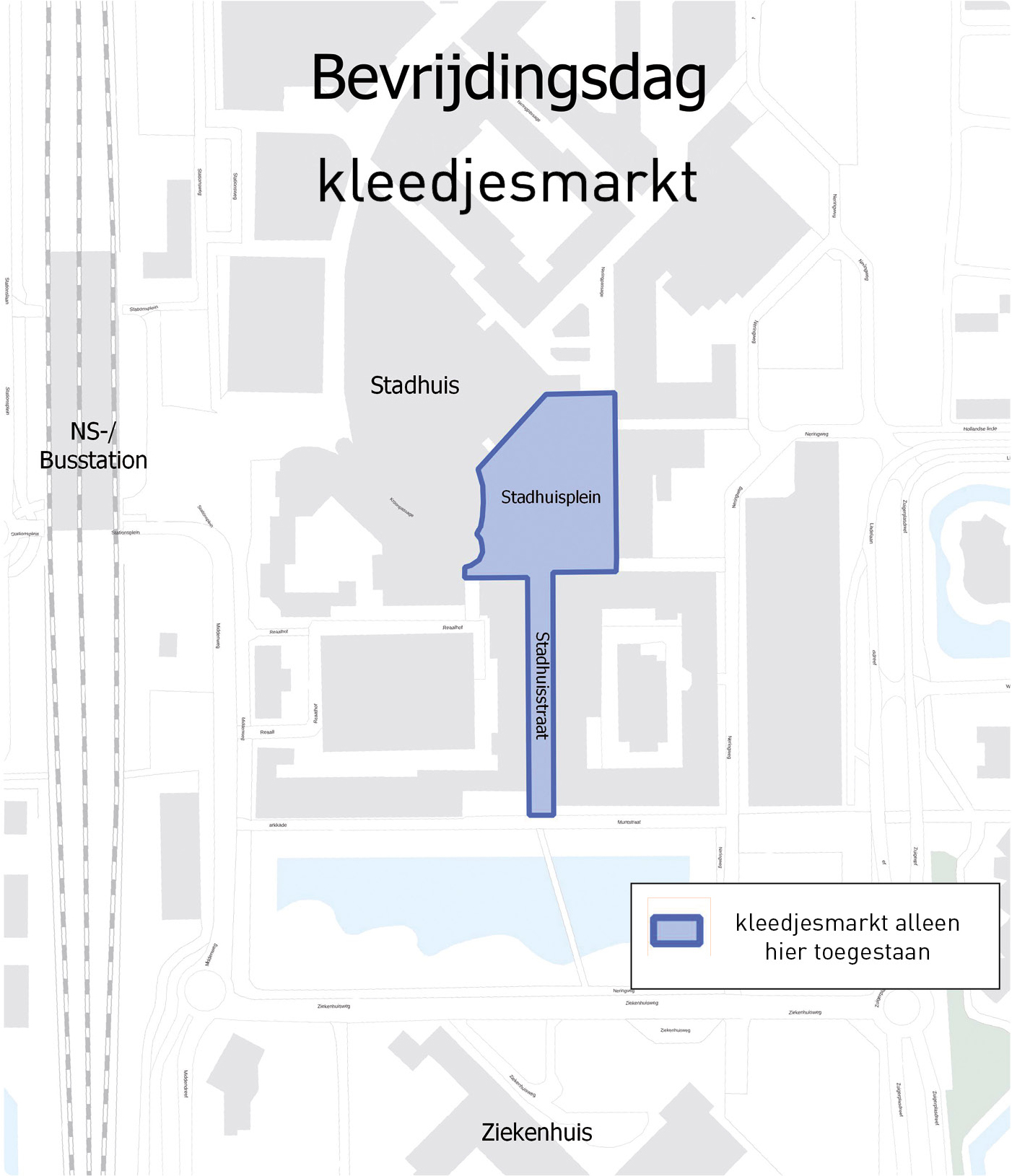 De Bevrijdingskledingmarkt in Lelystad bevindt zich op het Stadhuisplein en de Stadhuisstraat.  Elders in de stad is het verkopen van spullen niet toegestaan.